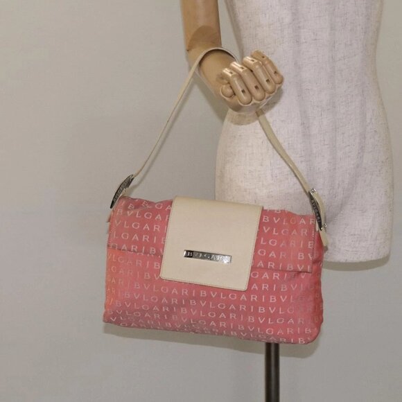 BVLGARI Logo Mania Shoulder Bag Canvas Pink Silver Auth BA3169 - Picture 3 of 16